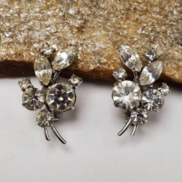 Vtg 70's Signed Keyes Rhinestone Clip-On Earrings - Picture 1 of 7